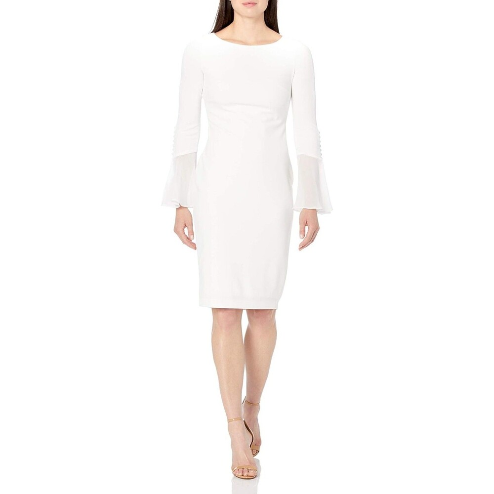 NEW Calvin Klein Women's  Sheath Chiffon Bell Sleeves Dress white Size 6